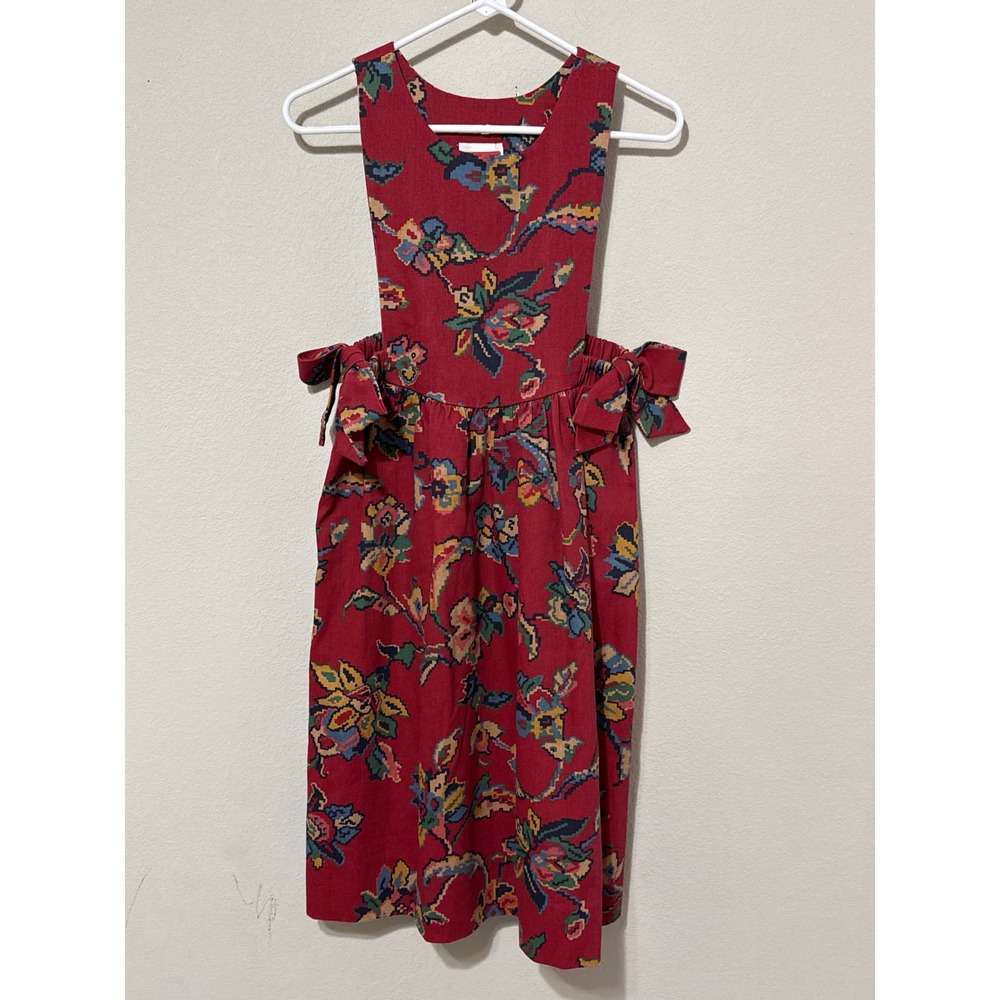 Chocolate Soup Pinafore Dress Girls 12 Red Floral Vintage Side Tie Jumper USA